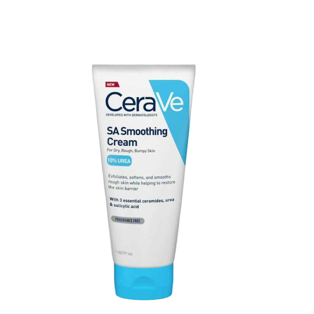 CeraVe SA Smoothing Cream tube with dermatologist recommended badge on a white background