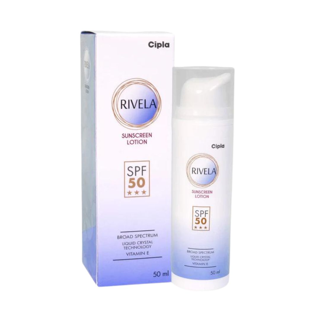 Cipla Rivela SPF 50 Sunscreen Lotion 50ml, included in the SknBiome Mini Diwali Gift Kit